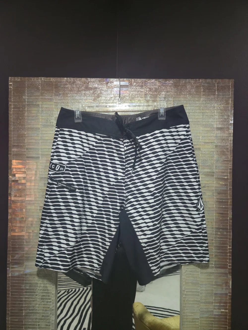 Men's Black & White Patterned Swim Trunks